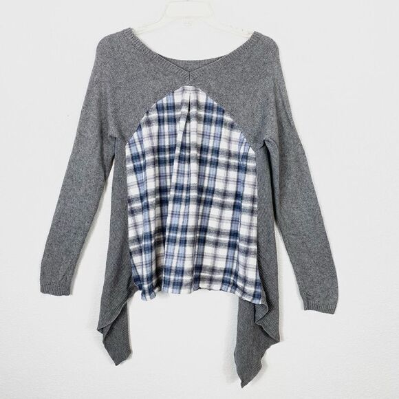 Anthropologie Moth Grey Handkerchief Hem Plaid Back Sweater - Picture 3 of 7